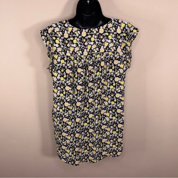 Small Ann Taylor LOFT Floral Blouse Ruffle Sleeve Black Yellow Pink Vneck - Picture 4 of 12